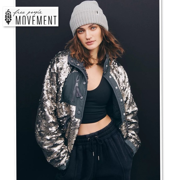NWT Free People Movement Hit The Slopes Sequin Jacket S Silver Metallic Sherpa - Picture 2 of 16